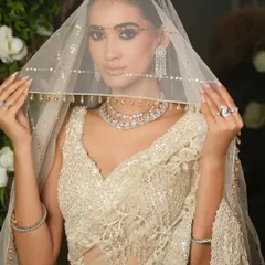 This ivory embroidered saree is pure elegance. I styled it with a sheer, embellished veil and diamond jewellery for a modern Christian bride or a glamorous reception look.