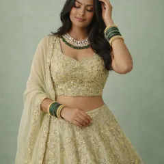 This candid-style shot captures the soft, romantic feel of the light green lehenga. The delicate net dupatta and sparkling details make it a truly dreamy outfit.
