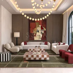 This conceptual design for a young couple's home features a playful mix of mid-century modern furniture, including a checkered coffee table and bold red chairs, all unified by large arched windows and a statement light fixture.