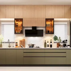 A contemporary kitchen design with a two-tone color scheme. The olive green base cabinets are paired with natural wood-finish upper cabinets, creating a warm and earthy feel.