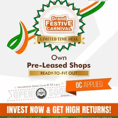 Announcing our Grand Festive Carnival at Saya Piazza, with investment opportunities starting from just 55 Lakhs. This offer for pre-leased, ready-to-fit-out shops with OC applied makes it a secure and high-return investment.