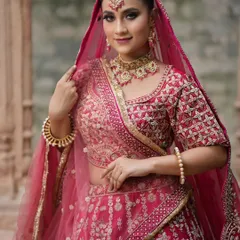 A beautiful model in a pink lehenga from a professional photoshoot. The makeup is a soft smokey eye with a matte lip.