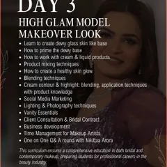 Day 3 of the masterclass curriculum: High Glam Model Makeover. Learn to create a dewy glass skin look, work with liquid products, and master social media marketing and client contracts.
