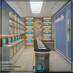 We designed this retail showroom for an electronics store. The layout features clean, well-lit display shelves and a central island to showcase products effectively and create a smooth customer flow.