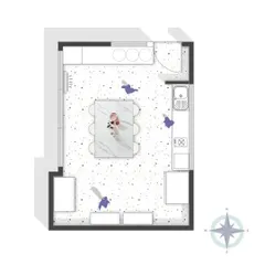 This is the floor plan for a home baking studio, designed for a clean and unrestrictive workflow. We broke the space into a 'work & bake' zone and a central 'chilling zone' for hosting classes, ensuring every square foot is used functionally.
