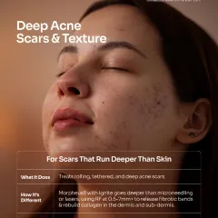 For scars that are tethered deep within the skin, we use Ignite RF powered by Morpheus8. This technology goes deeper than standard microneedling, using radiofrequency energy to release fibrotic bands and rebuild collagen in the dermis for profound textural improvement.