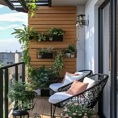 A simple yet effective design featuring a wooden slat wall with integrated planters. This approach adds warmth and provides a structured way to display a variety of plants, creating a cozy and green seating area.