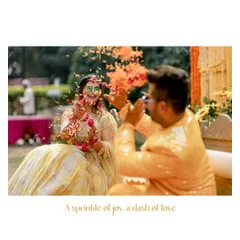 A perfect capture of "a sprinkle of joy, a dash of love." The groom showers his bride with flower petals during their Haldi ceremony, a candid moment filled with laughter and affection.