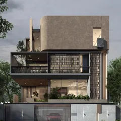A wider perspective of the SR Residence, showcasing how the stone and concrete facade integrates with the landscape. The design balances monumental form with the human scale of a private home, complete with a lush terrace and floor-to-ceiling glazing.