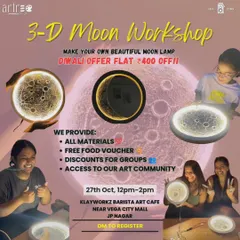 Join our 3-D Moon Workshop and make your own beautiful moon lamp. This poster details our special Diwali offer, where we provide all materials, a food voucher, and access to our art community.