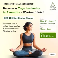 For those of you in Bangalore with busy schedules, our weekend RYT 200 certification course is the perfect fit. This internationally accredited program allows you to become a skilled yoga teacher in just three months by attending classes on Saturdays and Sundays. This poster gives you all the details for our upcoming batch, including dates, timings, and course fees. It is a structured path to turn your passion into a profession.