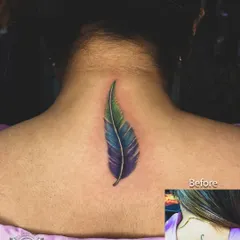 A small, unwanted tattoo on the neck is completely hidden by this delicate, colorful feather. We used a blend of blues and greens to create a watercolor effect, offering an elegant and beautiful cover-up solution.