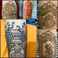 A collage of different figure work I've done. This includes peacocks, kalash pots with swastikas, and other traditional symbols often requested by brides.
