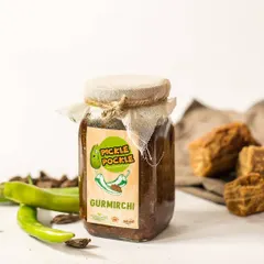 This is my granny's special Gurmirchi pickle, one of my hottest selling items. It has the perfect balance of sweet jaggery and spicy green chillies.