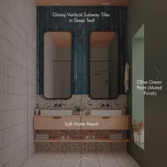 A breakdown of the materials used in this bathroom: glossy vertical subway tiles in deep teal, soft matte peach cabinets, and terrazzo tiles with mixed neutral speckles. Each element was chosen to create a harmonious and stylish space.