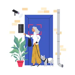 An illustration showing a resident using a video intercom system. Our solutions provide a safe and simple way to manage visitor access in apartment buildings and private homes.