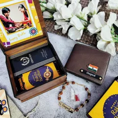 Another view of my wooden box Rakhi combo, this time showing a wallet customized with the Indian flag charm. You can choose from a variety of charms to match your brother's personality.