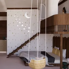 This playful kid's room design includes a low-height bed with a bunker on top, connected by a wooden ladder. A hanging wicker swing adds a fun element, while the star and moon decals on the wall create a dreamy, celestial theme.