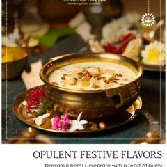 Opulent festive flavors for Navratri. This rich, creamy kheer served in a traditional brass bowl is part of our special menu designed to celebrate the festival with purity and taste.