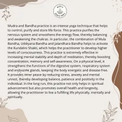 A detailed text explanation of the benefits of Mudra and Bandha practice. This advanced yogic technique purifies the nervous system, activates chakras, and enhances mental stability and spiritual growth.