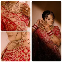 This collage captures the final touches of the bridal preparation. We focus on the intricate details of her red lehenga, the heavy jewelry, and the bride's serene moments as she gets ready for her big day.