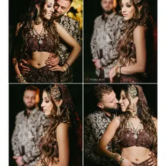 A collage of romantic and stylish portraits of the couple from their London reception, capturing their chemistry.
