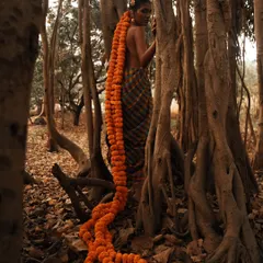 A creative and conceptual shot from the same series, using a long garland of marigolds as a dramatic prop. This image blends traditional elements with an avant-garde sensibility in a natural landscape.