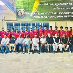 Our player Md Saad Ibrahim with his team at the Karnataka State Football Association, ready for the Swami Vivekananda U-20 Men’s National Football Championship.