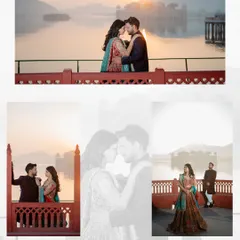 A classic golden hour pre-wedding photo session at Jal Mahal. The warm sunset tones, the serene water, and the silhouette of the Water Palace create a perfect backdrop for romantic couple portraits like these ones for Mukesh and Jagrity.