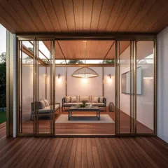 Another view of the glasshouse, highlighting the seamless integration of the sliding glass doors and the warm, inviting interior.