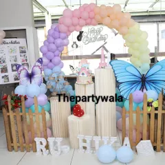 A pastel rainbow balloon arch with large butterfly cutouts makes for a very happy and colorful first birthday. I also included a milestone board to celebrate the baby's first year.