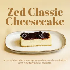 My Zed Classic Cheesecake is a smooth blend of mascarpone and cream cheese baked over a buttery biscuit crumble, topped with a rich berry compote.