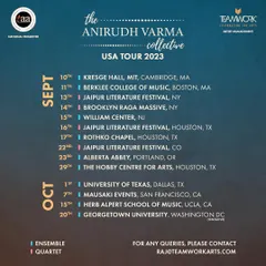 I was thrilled to share the schedule for my band, The Anirudh Varma Collective's, USA tour. We performed in various cities and setups, from full ensembles to quartets and solos.