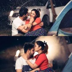 The magic of a night shoot. Using the car's headlights and the glow of a bonfire, we created this intimate and playful scene, complete with faux snow for a touch of whimsy.