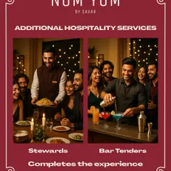 Elevate your event with our complete hospitality services. This image shows one of my stewards serving a main course while a bartender crafts cocktails, completing the at-home fine dining atmosphere.