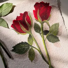 A close-up of my finished red rose painting on 300gsm watercolor paper. I love how the texture of the paper adds to the realistic feel of the petals and leaves, especially with the beautiful shadows cast by the natural light.