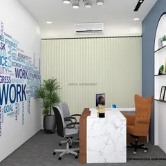 A design for a manager's cabin or small office. The space features a motivational word cloud mural, an arched shelving unit for a modern touch, and a clean, functional desk setup.
