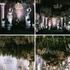 A collage showing different angles of the enchanted garden entrance. You can see the custom monogram, the romantic quote on the wall, and the interplay of light and shadow from the chandeliers.