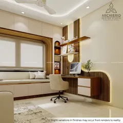 This luxurious study nook features a floating desk with drawers and a cozy bay window seater with storage underneath, framed by elegant wood paneling.