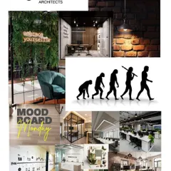 Another mood board, this one exploring the evolution of workspace design. It combines images of biophilic elements, modern furniture, and industrial textures to inspire a harmonious and story-driven interior.