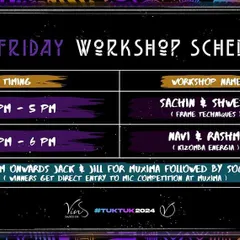 Here is the detailed Friday workshop schedule for the Tuk Tuk festival. The weekend kicks off with frame techniques and Kizomba Ginga, followed by a Jack & Jill competition.