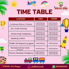Here is the activity schedule for our partner center, Kidzee in Kirti Nagar. You can find the days and times for various programs, including Dance, Phonics, and our Multiple Activity Camp.