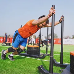The sled push at The Yoddha Race. This is pure grit. It's an all-out effort that requires leg drive and a strong core. We train for this kind of explosive power.