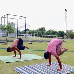 Two practitioners hold a challenging crow pose (Bakasana) on their mats outdoors. This arm balance builds core strength, focus, and a sense of playful determination.