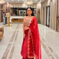 A full-length view of my red ethnic outfit. Strength training has given me the confidence to wear anything I want and feel good in it.