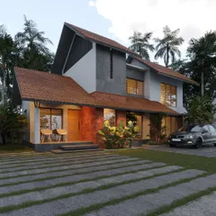 This design uses a mix of laterite brick, concrete, and sloped tile roofing to create a textured and earthy aesthetic that is both modern and traditional.
