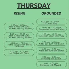 Our Thursday schedule is packed with options like Prop & Pose Yoga, HIIT, Suspension Sculpt, Mat Pilates, and Bootcamp to keep you moving.