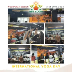 I bring the calm to your office. This collage is from an International Yoga Day session I conducted, helping a busy team find a moment to stretch, breathe, and reset right at their desks. Corporate wellness sessions are a great way to boost team morale and productivity.