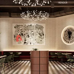 Our render for the main dining area of Fountain Sizzlers, showing the custom mural, checkerboard floor, and statement chandeliers we envisioned for the space.