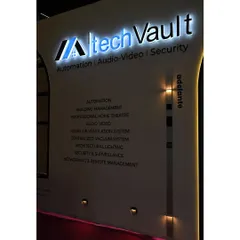A close-up of our exhibition space, listing the wide range of solutions we offer, from automation and building management to security, surveillance, and professional home theatres.